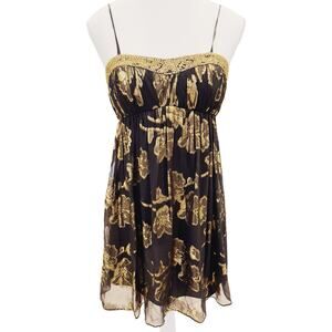 VTG Y2K 90s Cache BLK‎ Gold Silk Babydoll Cocktail Dress Beaded WhimsyGoth XS-2